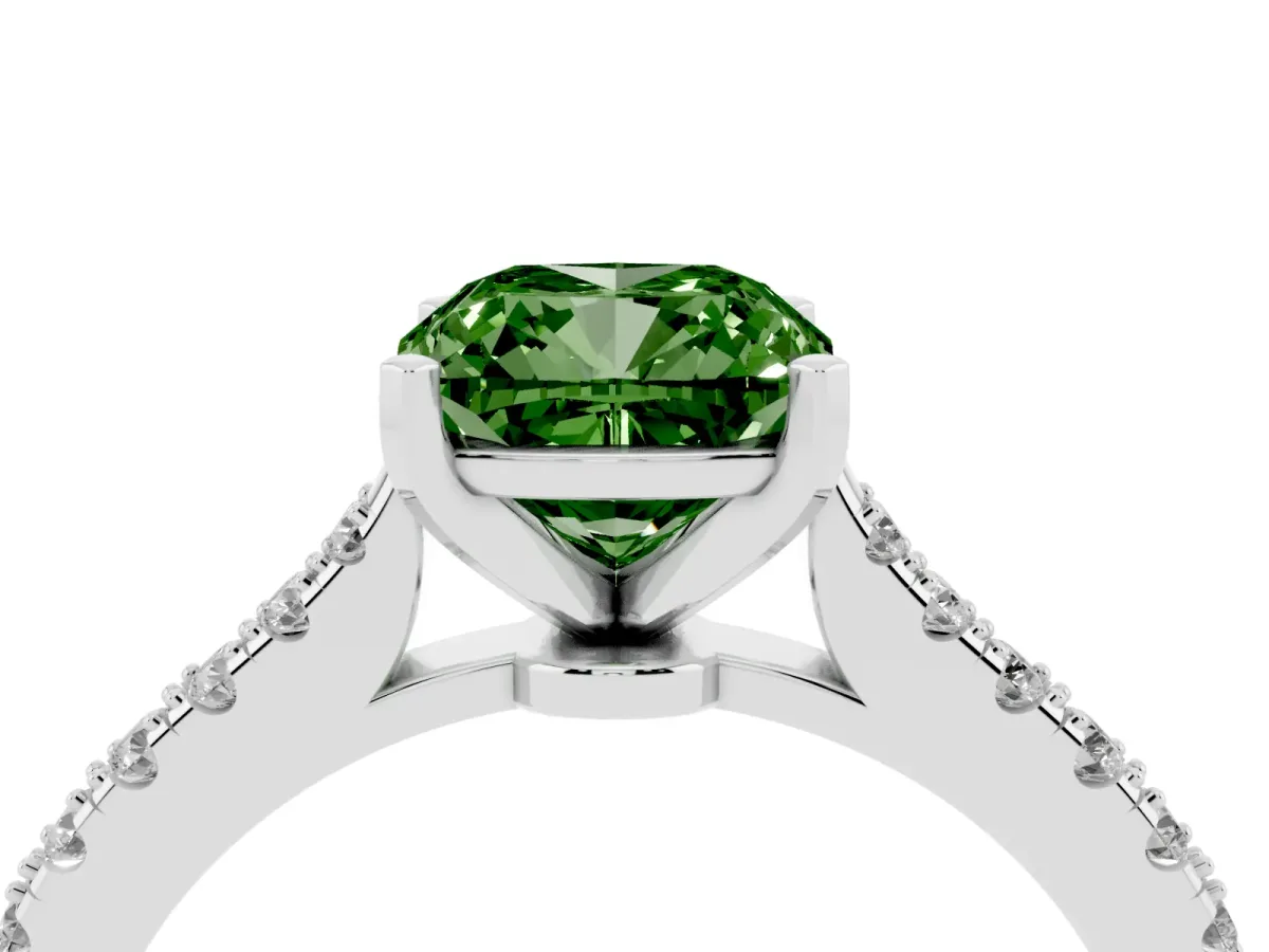 Fancy Green Cushion Cut Cut Solitaire Diamond Engagement Ring with Pave Band and Four-Prong Setting Platinum