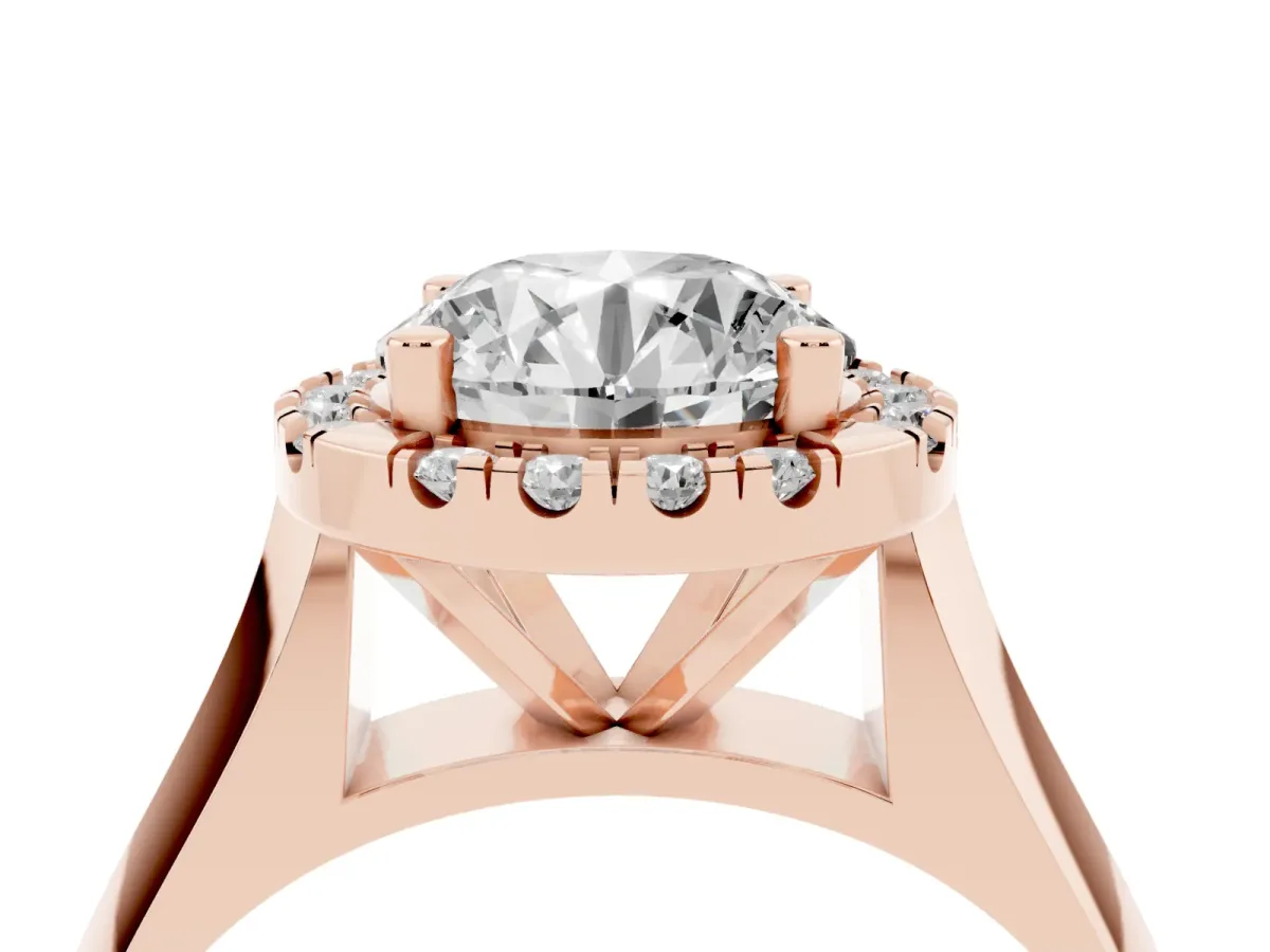 Round Cut Cut Halo Solitaire Engagement Ring with Square Band and Four-Prong Setting Rose gold