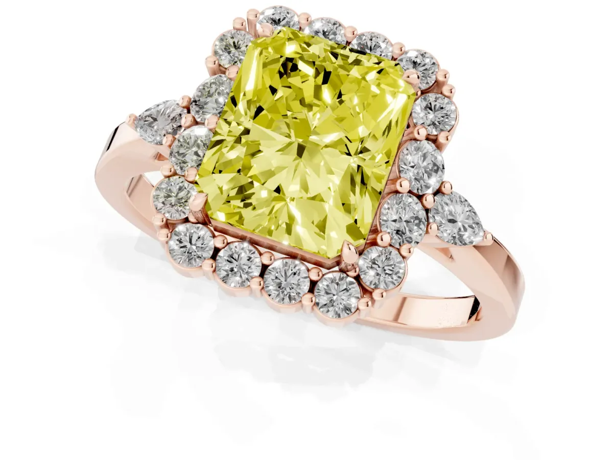 Fancy Yellow Radiant Cut Diamond Halo Ring with Pear Side Stones and Prong Setting Rose gold