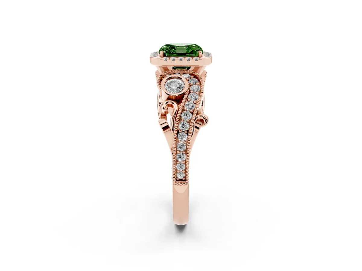 Fancy Green Asscher Cut Diamond Halo Ring with Milgrain Pavé Band and Four-Prong Setting Rose gold