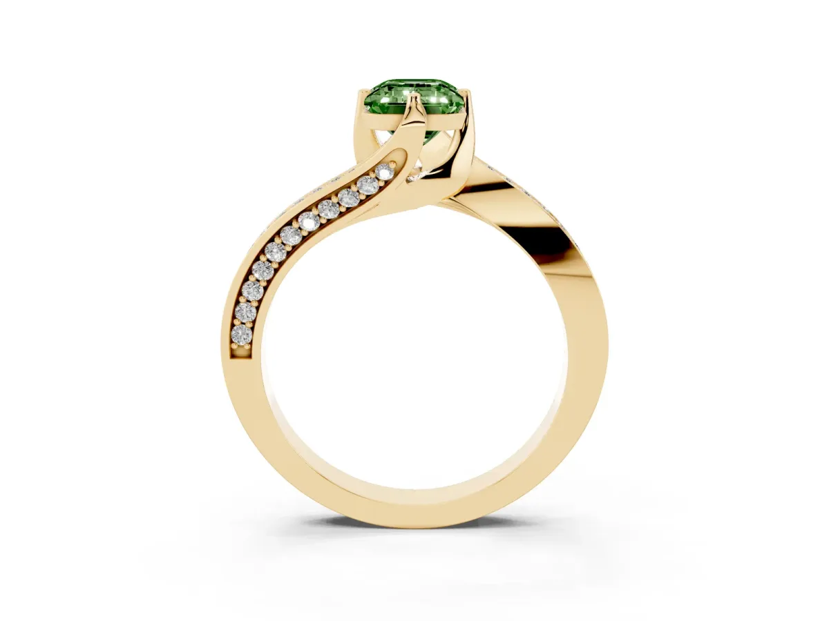 Fancy Green Emerald Cut Solitaire Diamond Twist Band with Pavé Setting and Four-Prong Setting Yellow gold