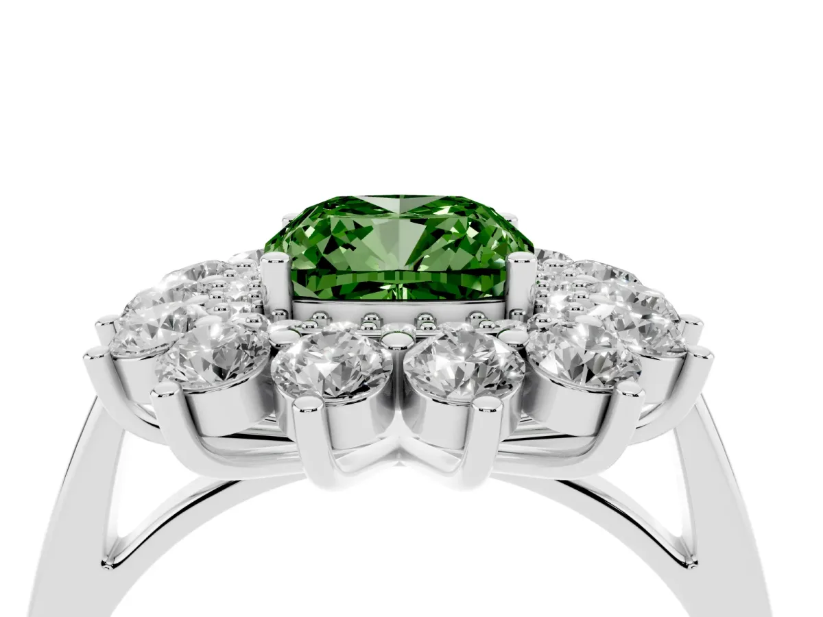 Fancy Green Cushion Cut Diamond Floral Double Halo Engagement Ring with Prong Setting Platinum