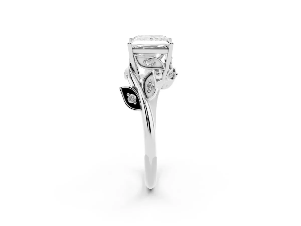 Princess Cut Solitaire Twist Engagement Ring with Leaf Accents and Prong Setting Silver
