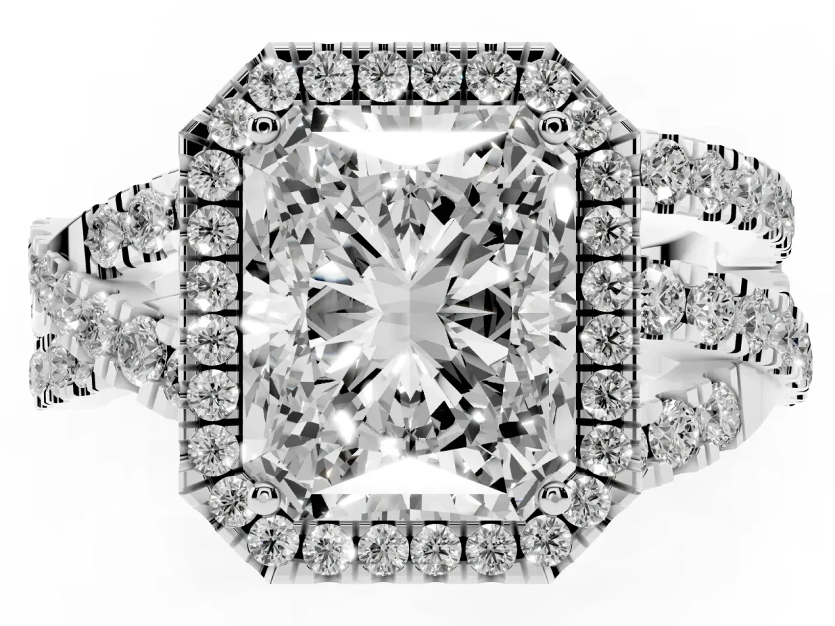 Radiant Cut Diamond Halo Ring with Round Split Shank and Prong Setting Silver