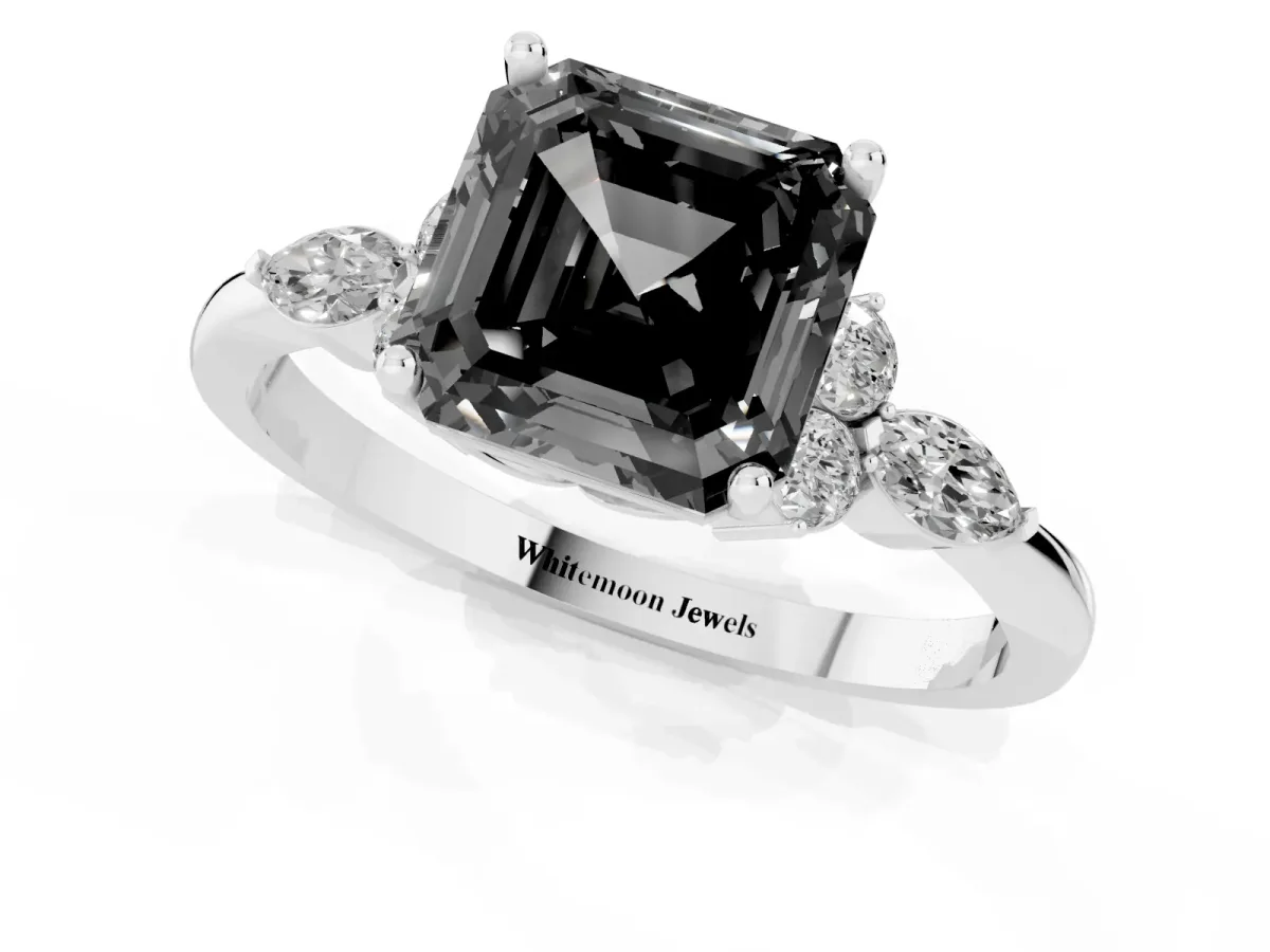 Fancy Black Asscher Cut Brilliant Diamond Solitaire Ring with Pear Side Stones and Four-Prong Setting Silver