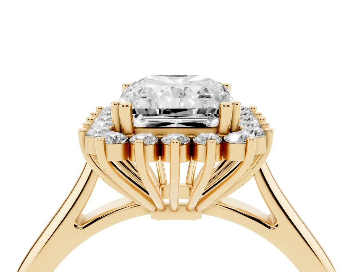 Radiant Cut Cut Diamond Halo Ring with Solitaire Band and Prong Setting Yellow gold