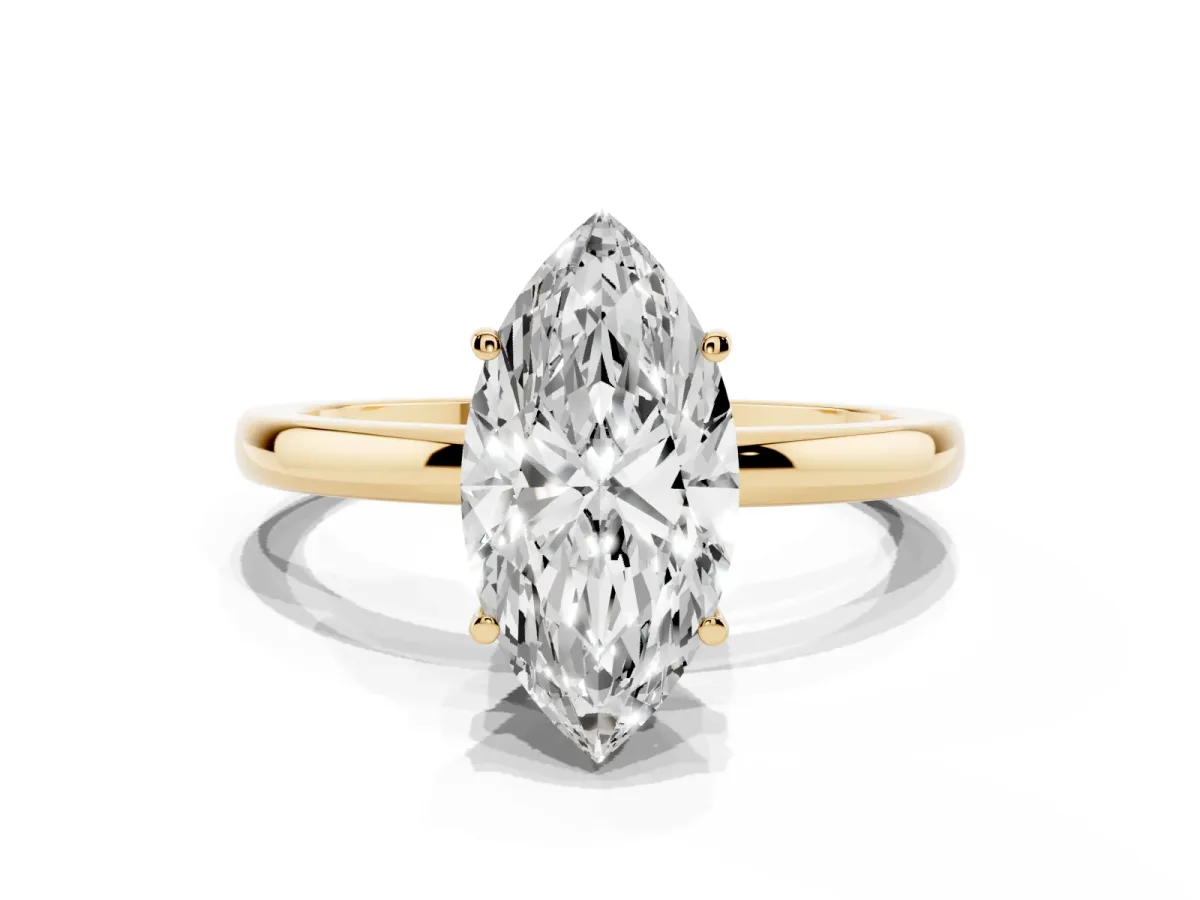 Marquise Cut Solitaire Diamond Ring with Prong Setting and Plain Band Yellow gold