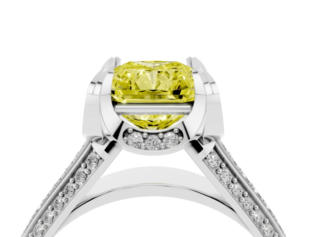 Fancy Yellow Radiant Cut Solitaire Pave Split Shank Ring with Four-Prong Setting Silver