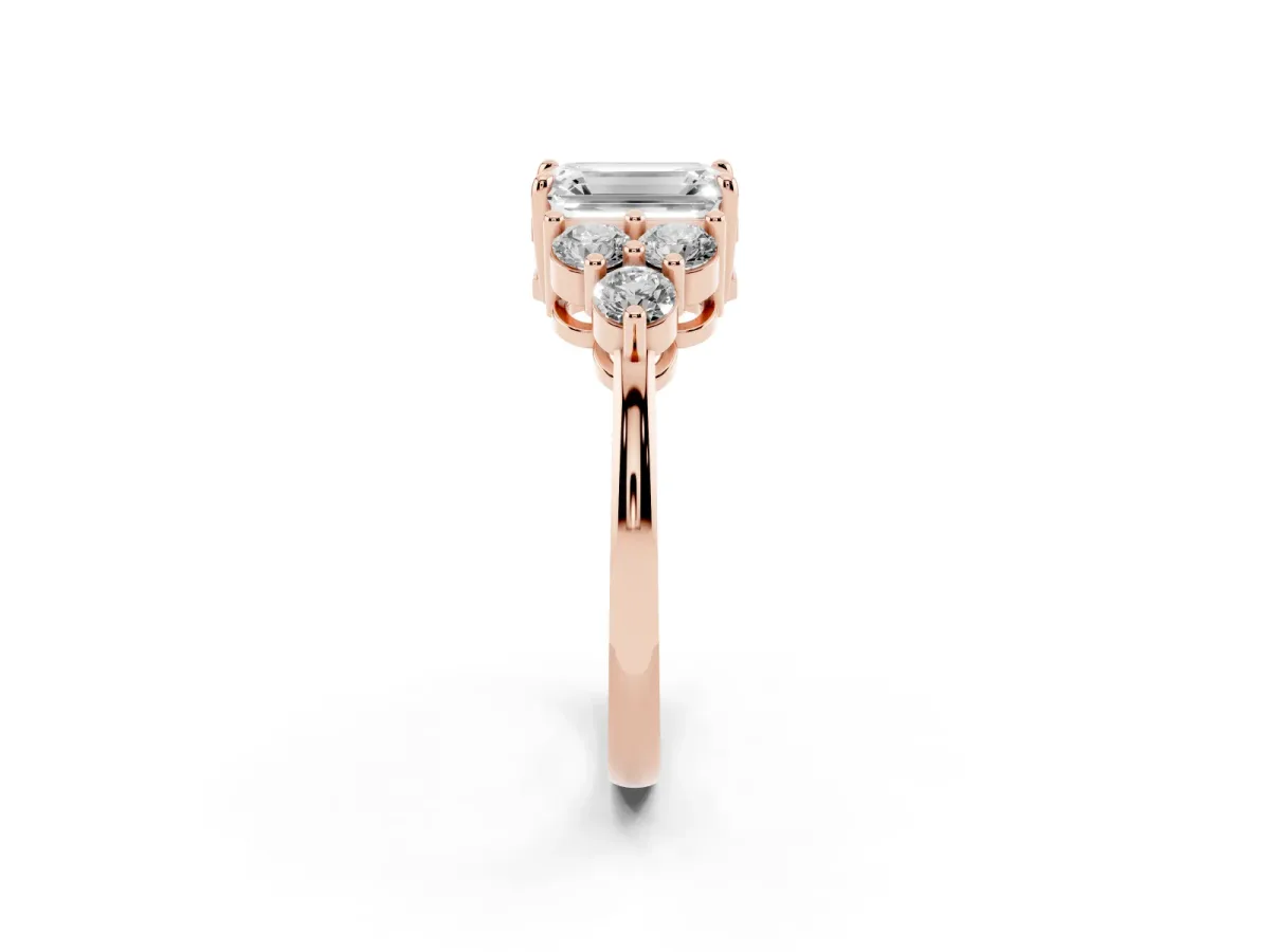 Emerald Cut Brilliant Diamond Cluster Accent Solitaire Ring with Prong Setting Rose gold