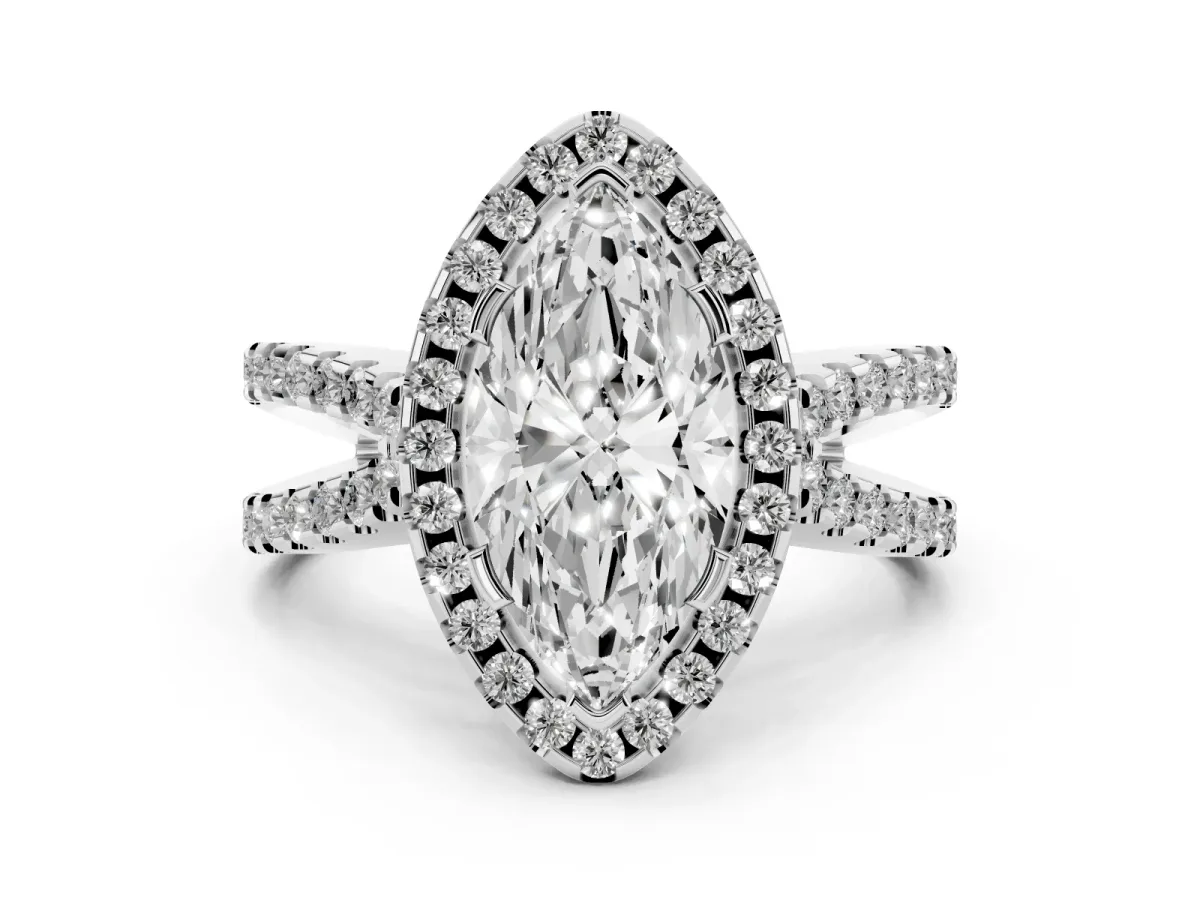 Marquise Cut Diamond Halo Ring with Split Shank Pavé Band and Prong Setting Silver