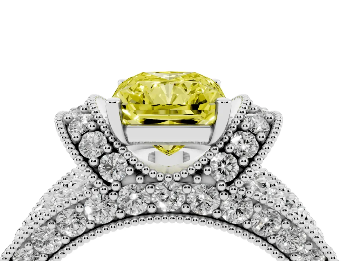 Fancy Yellow Radiant Cut Halo Pave Diamond Engagement Ring with Milgrain Detailing White gold