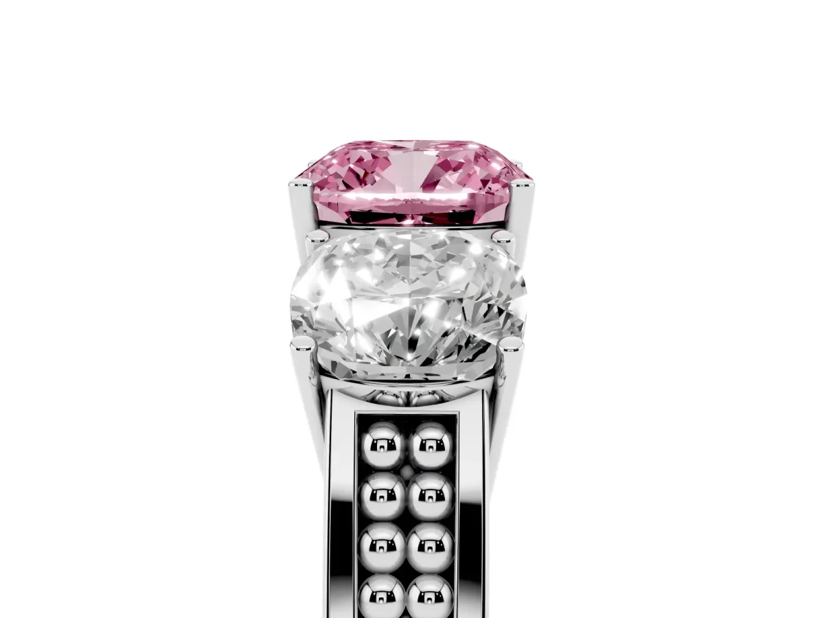 Fancy Pink Cushion Cut Diamond Three-Stone Ring with Prong Setting and Textured Band Silver