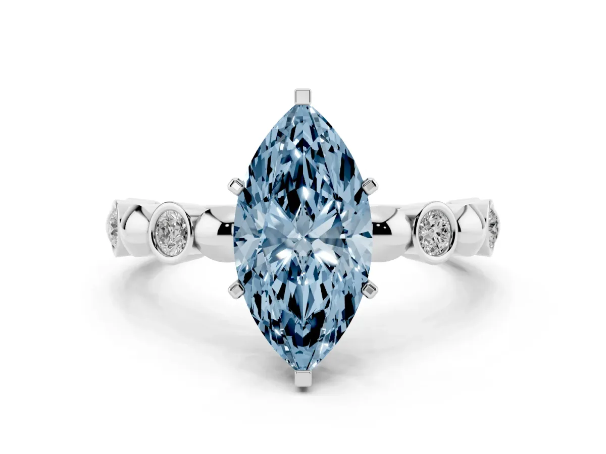 Fancy Blue Marquise Cut Solitaire Bezel-Set Diamond Ring with Beaded Band and Four-Prong Setting Silver