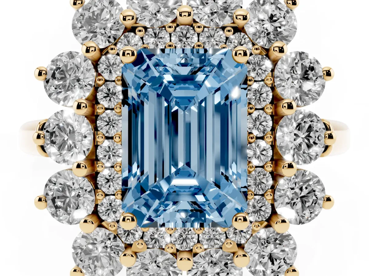 Fancy Blue Emerald Cut Diamond Floral Double Halo Engagement Ring with Prong Setting Yellow gold