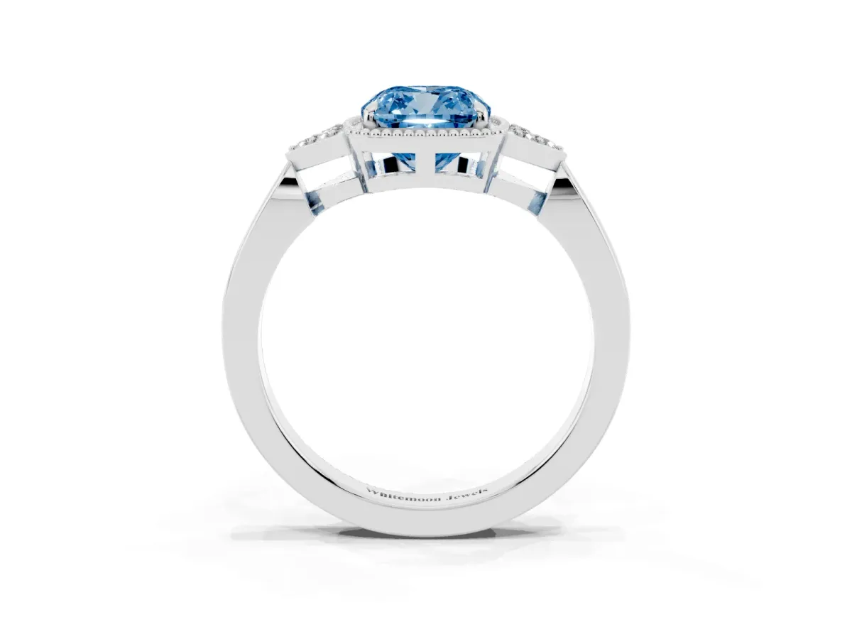 Fancy Blue Hexagonal Halo Cushion Cut Diamond Solitaire with Pavé Band and Four-Prong Setting Silver