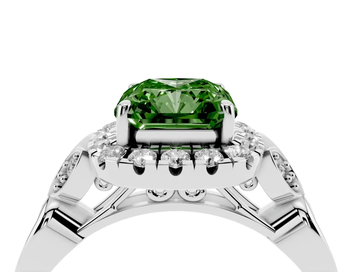 Fancy Green Radiant Cut Halo Diamond Engagement Ring with Vintage-Inspired Band and Four-Prong Setting White gold