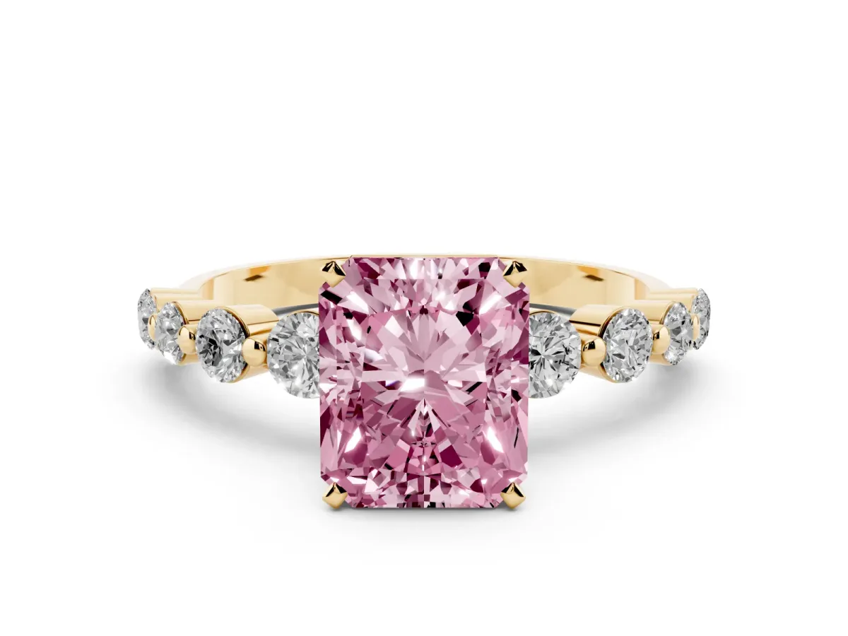 Fancy Pink Radiant Cut Solitaire Diamond Ring with Pave Band and Four-Prong Setting Yellow gold