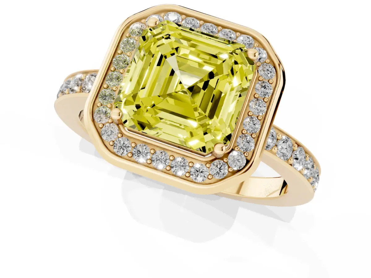 Fancy Yellow Asscher Cut Diamond Halo Ring with Bezel Frame and Pavé Band Yellow gold