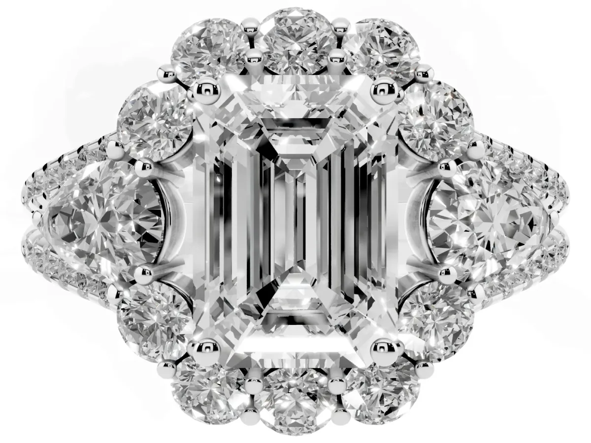 Emerald Cut Halo Split Shank Diamond Engagement Ring with Prong Setting Silver