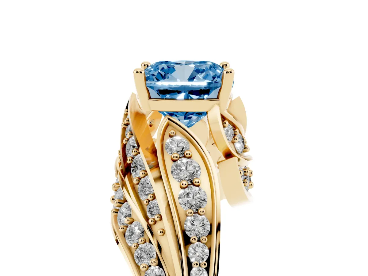 Fancy Blue Cushion Cut Diamond Solitaire Ring with Prong Setting and Twisted Pavé Band Yellow gold