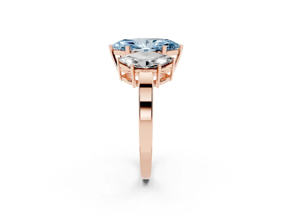 Fancy Blue Three-Stone Marquise Cut Cut Diamond Engagement Ring with Flat Band and Four-Prong Setting Rose gold