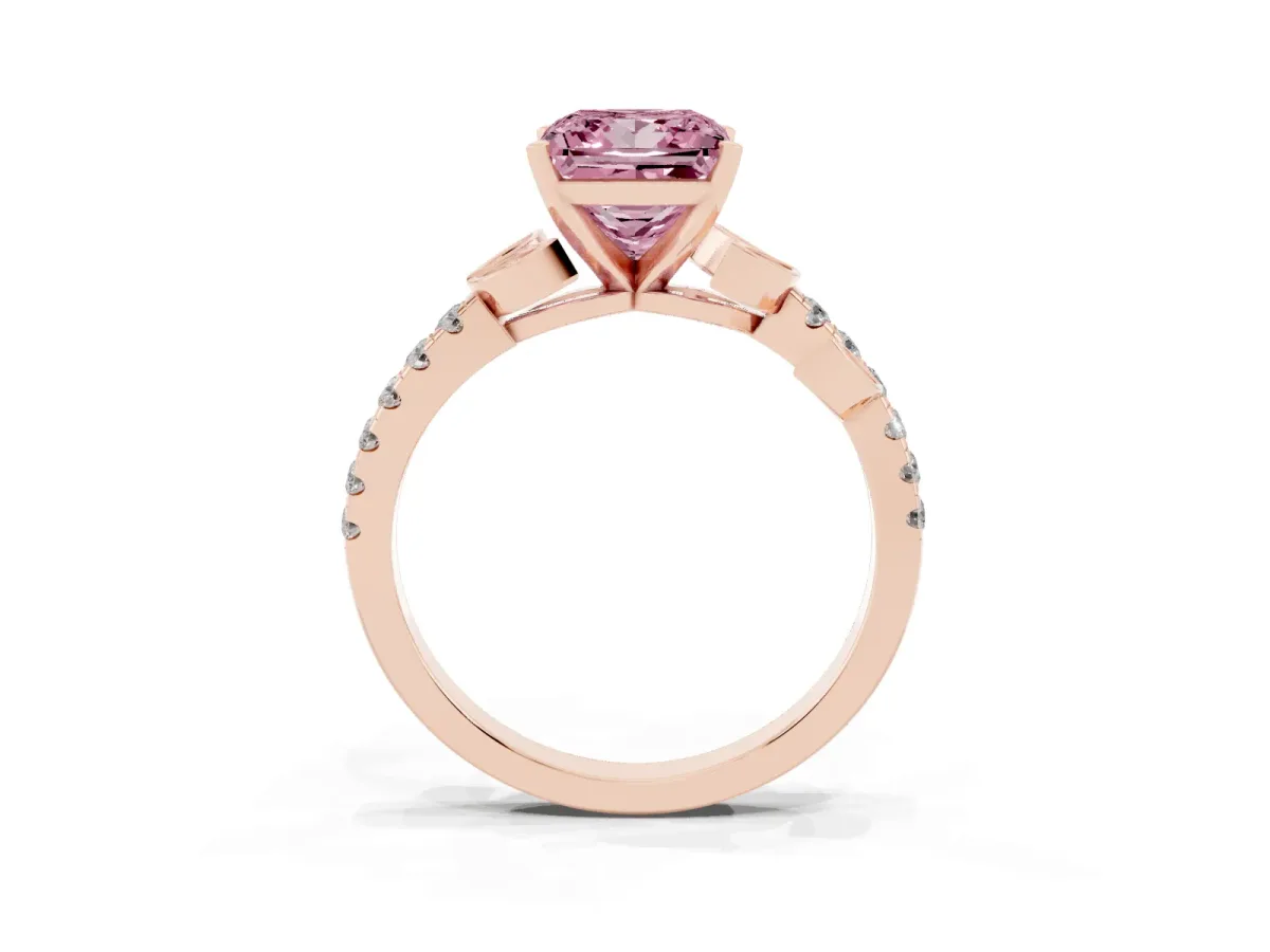 Fancy Pink Princess Cut Solitaire Leaf-Inspired Diamond Ring with Pavé Band and Four-Prong Setting Rose gold