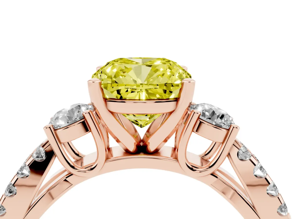 Fancy Yellow Cushion Cut Diamond Three-Stone Ring with Pavé Split Shank and Four-Prong Setting Rose gold