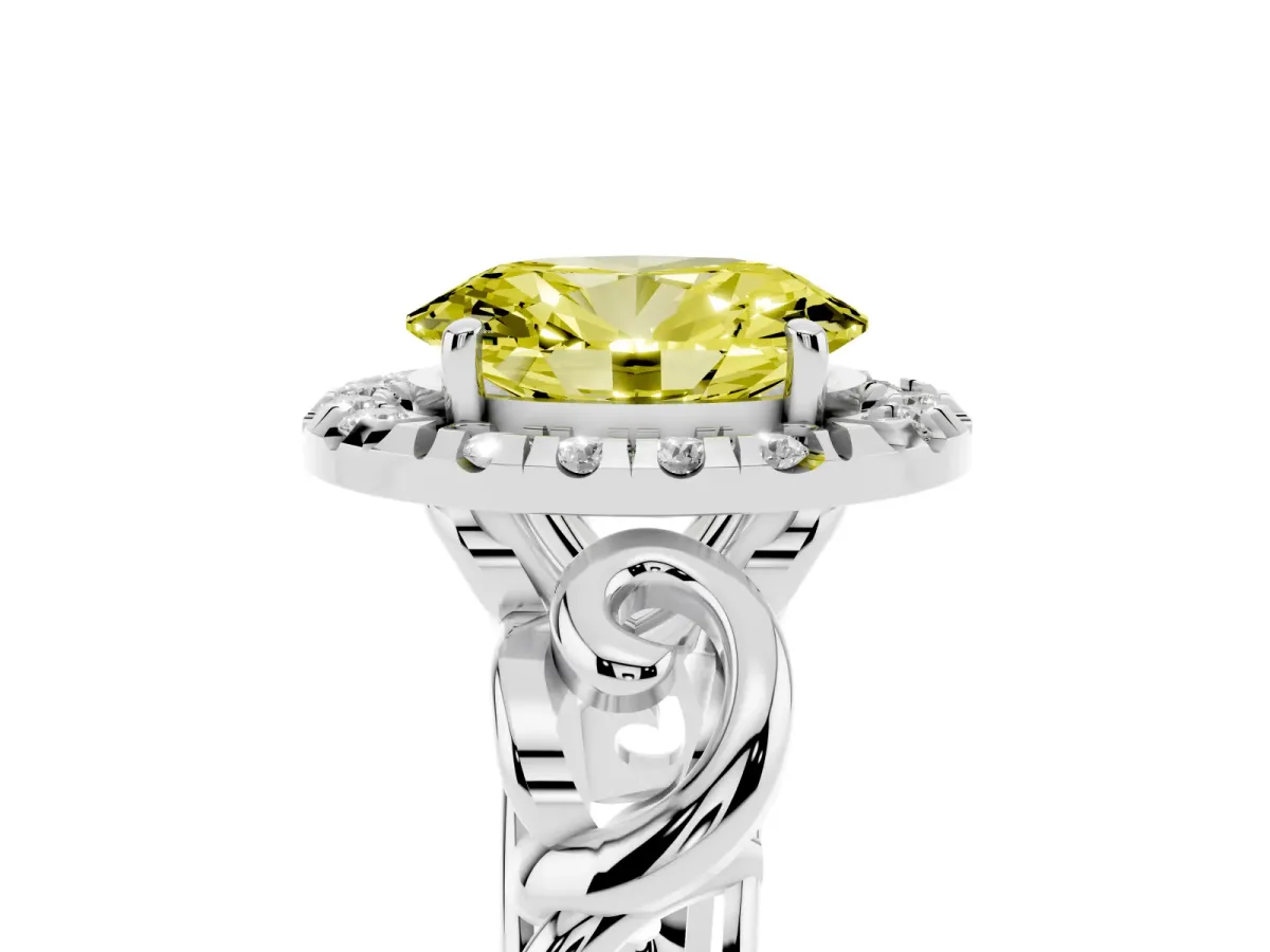 Fancy Yellow Oval Cut Cut Halo Diamond Ring with Scrollwork Band and Four-Prong Setting Silver