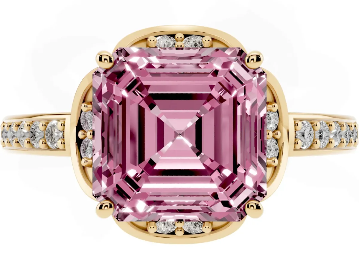 Fancy Pink Asscher Cut Cut Halo Diamond Ring with Channel Set Band and Four-Prong Setting Yellow gold