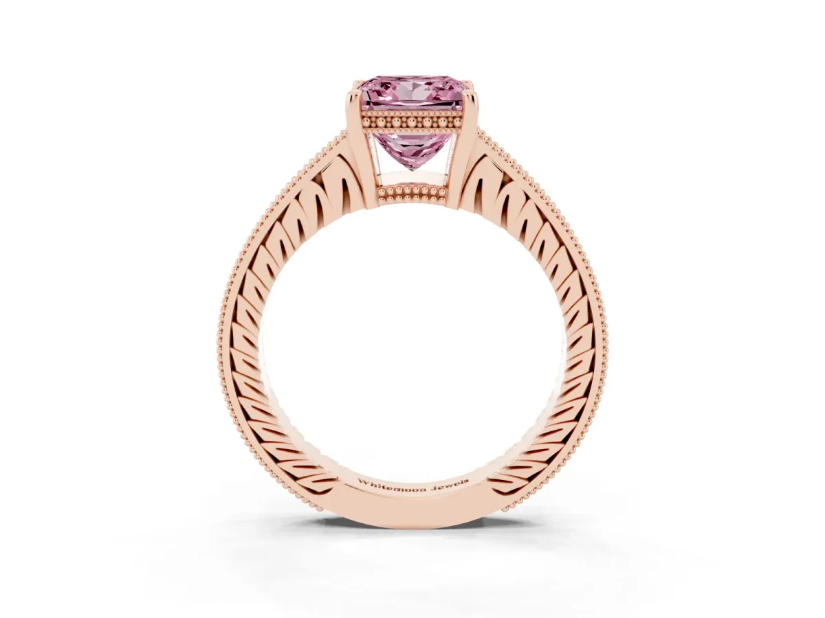 Fancy Pink Princess Cut Solitaire Pavé Diamond Milgrain Engagement Ring with Four-Prong Setting Rose gold