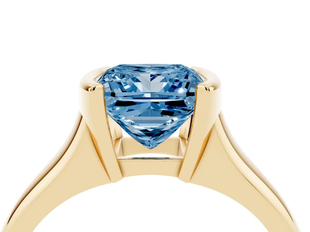 Fancy Blue Princess Cut Solitaire Tension Set Diamond Ring with Split Shank Band Yellow gold