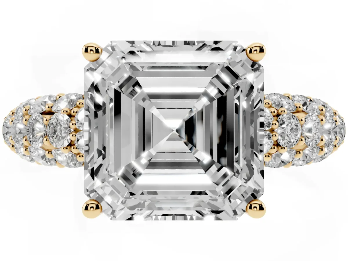 Asscher Cut Diamond Pavé Band Solitaire Ring with Four-Prong Setting Yellow gold