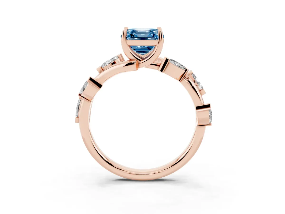 Fancy Blue Asscher Cut Solitaire Twisted Band Marquise Accent Prong Setting Ring Rose gold