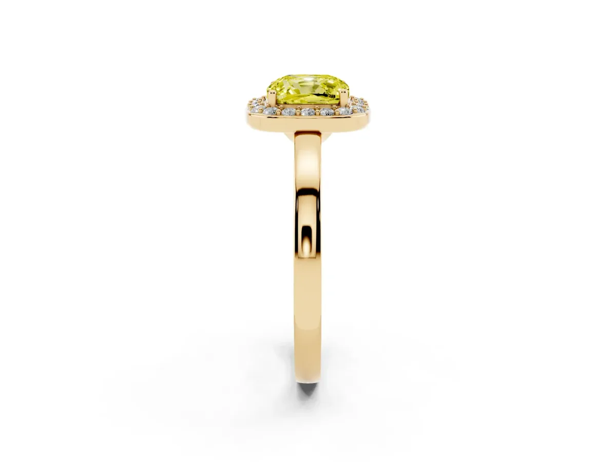 Fancy Yellow Cushion Cut Halo Diamond Ring with Solitaire Band and Prong Setting Yellow gold