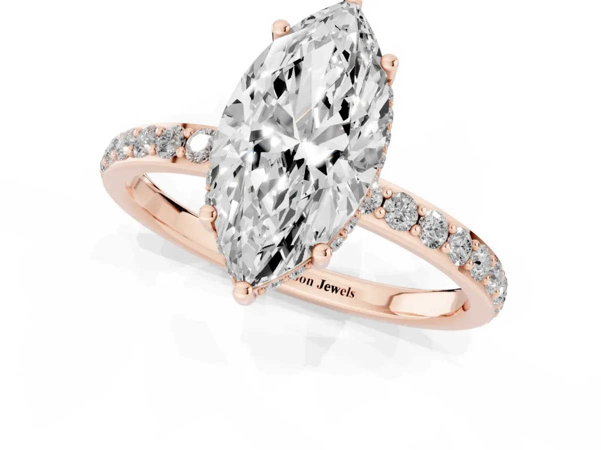 Marquise Cut Diamond Solitaire Ring with Pavé Band and Hidden Halo Rose gold