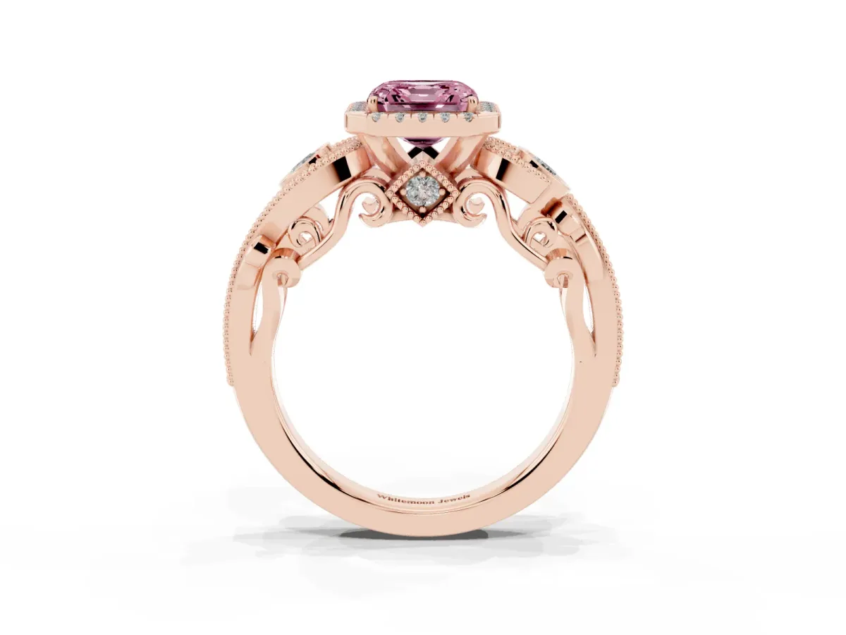 Fancy Pink Asscher Cut Halo Diamond Ring with Milgrain and Bezel Accents on a Split Shank Band Rose gold