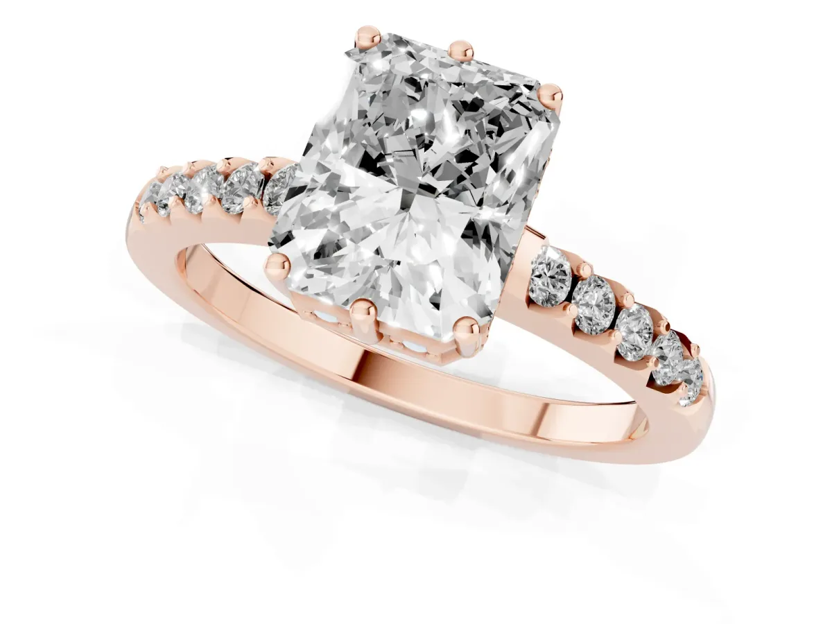 Radiant Cut Solitaire Diamond Engagement Ring with Pavé Band and Six-Prong Setting Rose gold