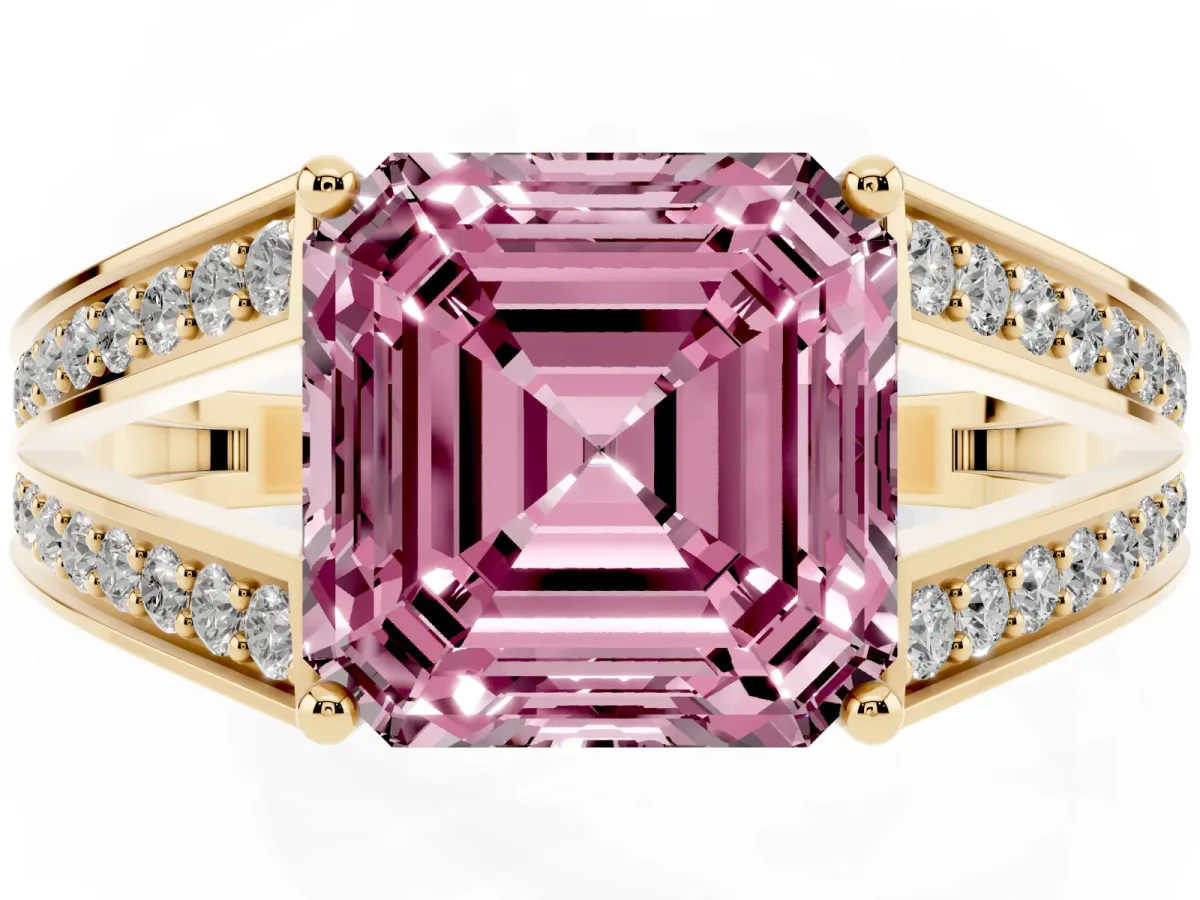 Fancy Pink Asscher Cut Diamond Split Shank Ring with Pavé Band and Four-Prong Setting Yellow gold
