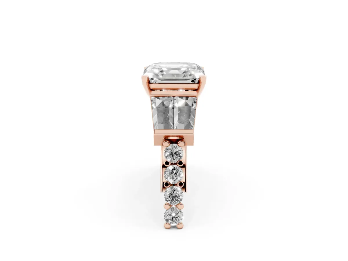 Asscher Cut Diamond Engagement Ring with Baguette Side Stones and Channel Set Band Rose gold