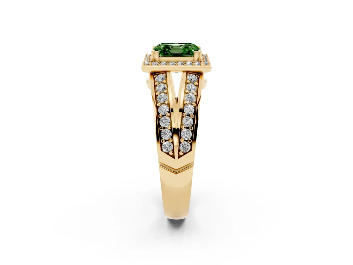 Fancy Green Asscher Cut Diamond Halo Ring with Split Shank Pavé Band and Four-Prong Setting Yellow gold