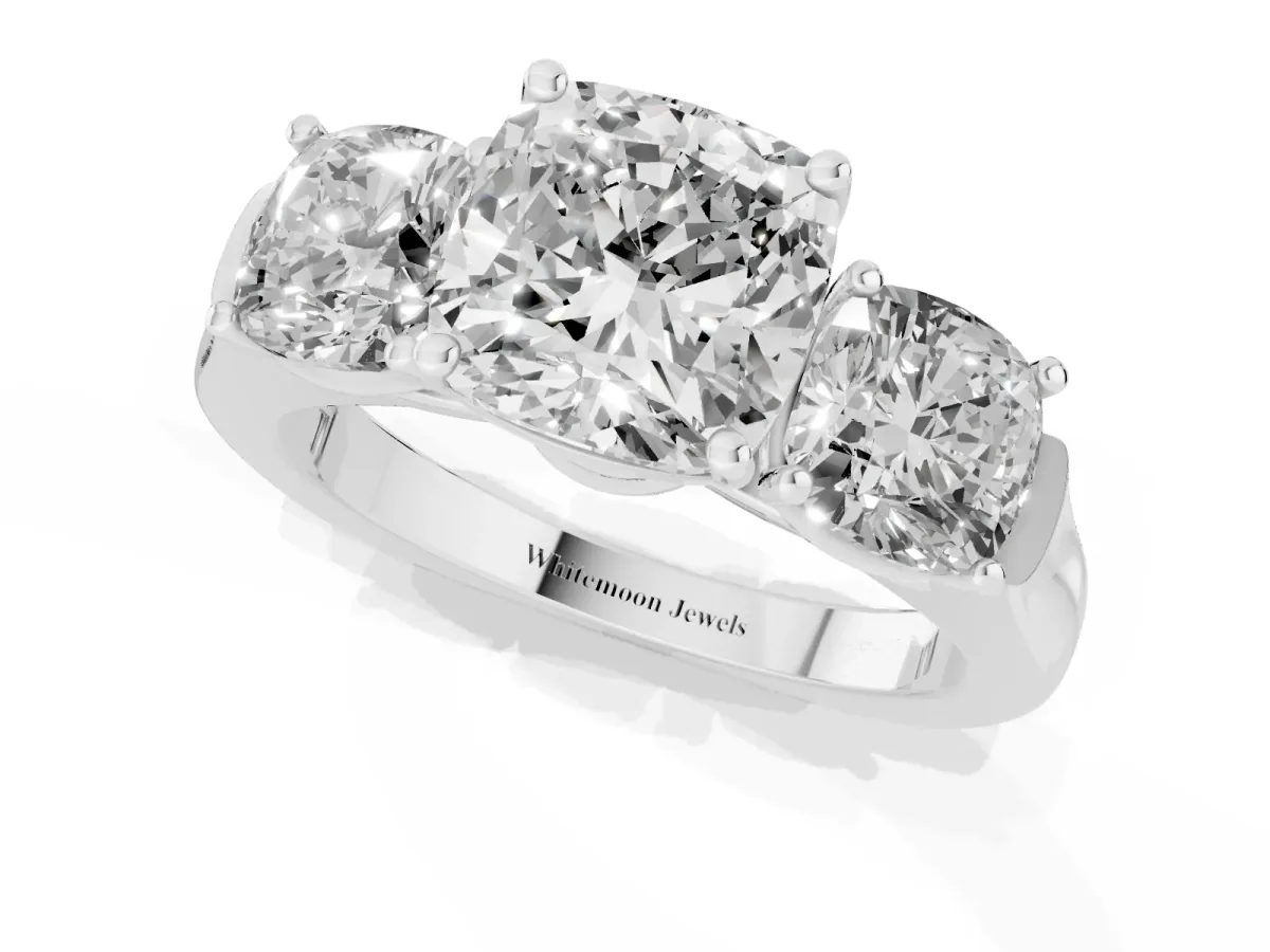Three-Stone Cushion Cut Brilliant Diamond Trellis Ring with Comfort Fit Band White gold