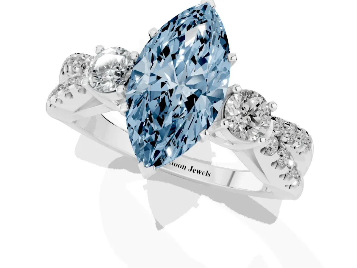 Fancy Blue Marquise Cut Diamond Three-Stone Ring with Pavé Split Shank and Four-Prong Setting White gold