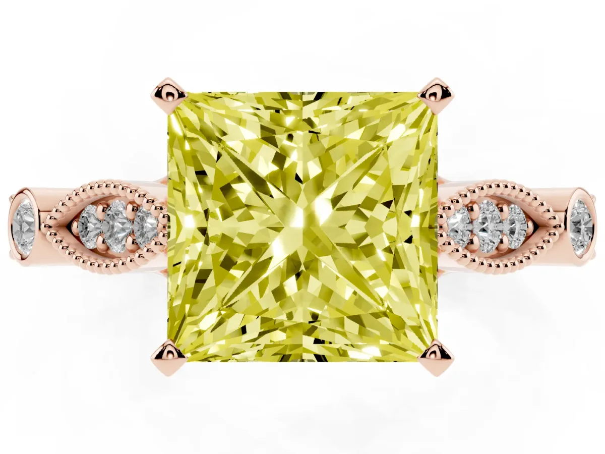 Fancy Yellow Princess Cut Cut Diamond with Milgrain Marquise and Bezel Accents on a Solitaire Band with Prong Setting Rose gold