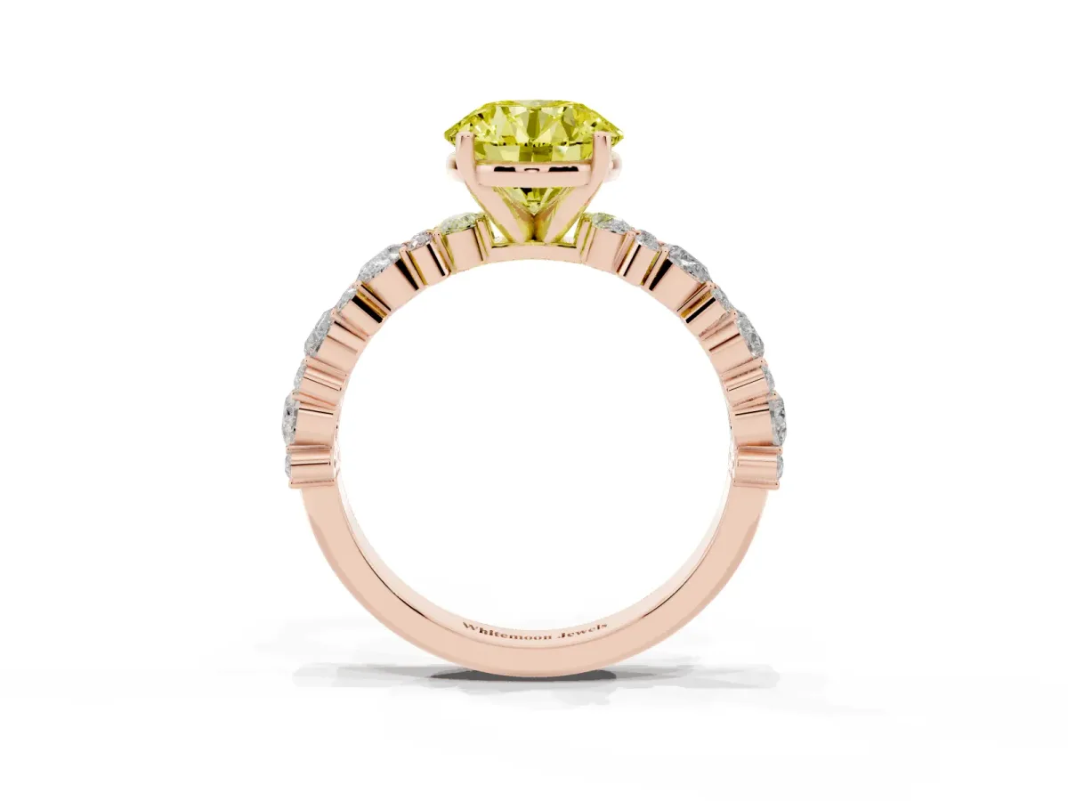 Fancy Yellow Round Cut Diamond Side Stone Solitaire Ring with Round and Four-Prong Setting Rose gold