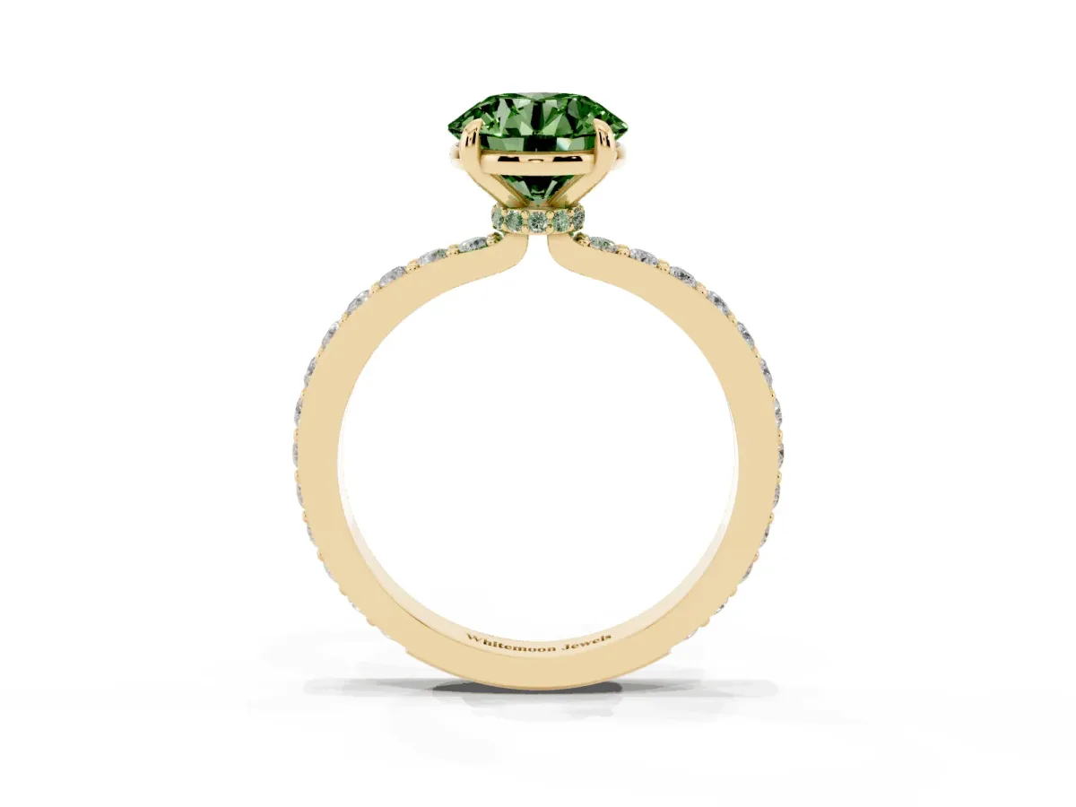Fancy Green Round Cut Diamond Pavé Engagement Ring with Round Accents and Prong Setting Yellow gold