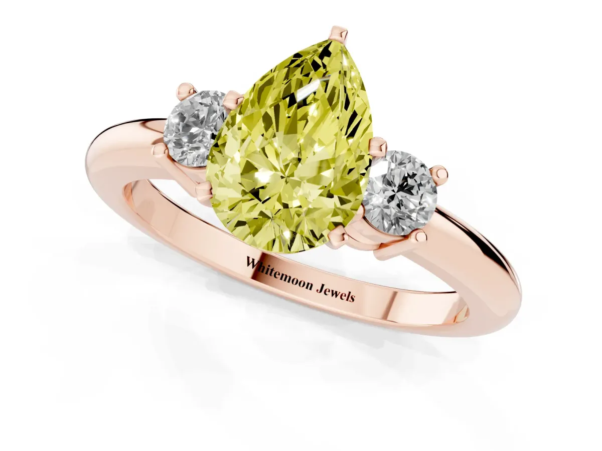 Fancy Yellow Three-Stone Pear Cut Cut Diamond Solitaire with Prong Setting and Classic Band Rose gold