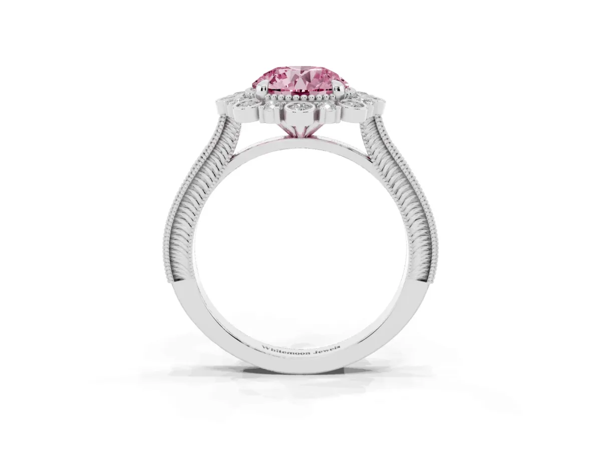 Fancy Pink Round Cut Halo Milgrain Pave Diamond Ring with Four-Prong Setting Silver