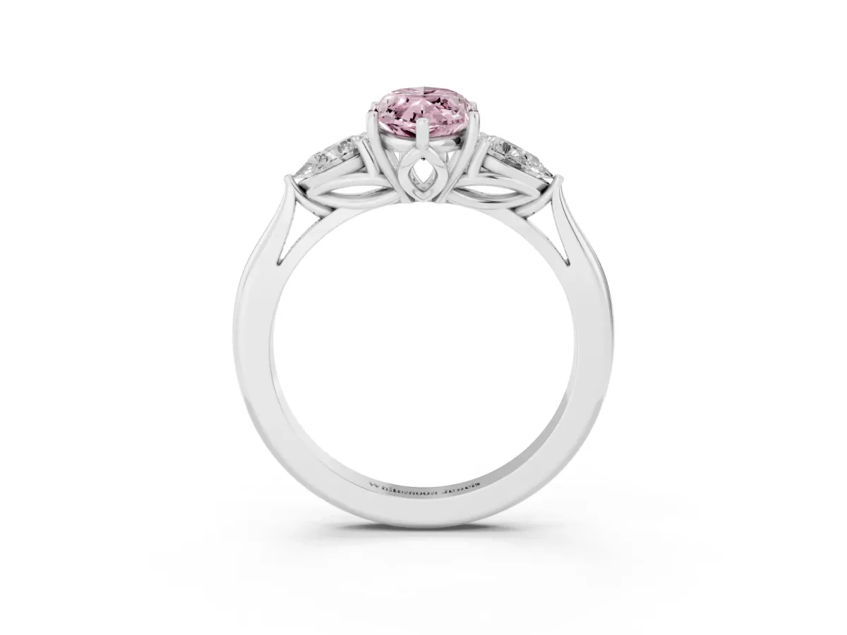 Fancy Pink Three-Stone Marquise Cut Diamond Ring with Pear Side Stones in Four-Prong Setting Silver