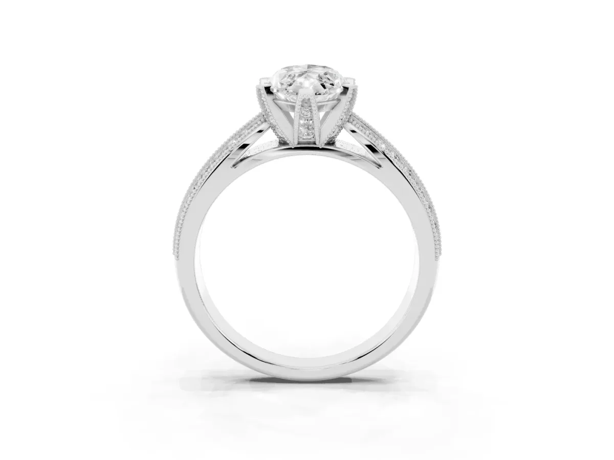 Marquise Cut Diamond Solitaire Ring with Milgrain Round Pavé Band and Prong Setting Silver