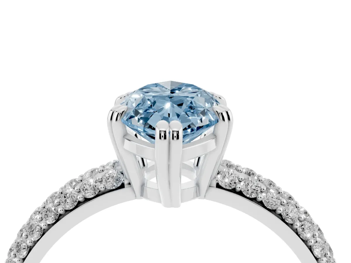Fancy Blue Marquise Cut Diamond Solitaire Ring with Multi-Row Round Pavé Band and Prong Setting Silver